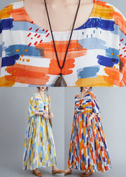 Orange Patchwork Wrinkled Maxi Dress Half Sleeve