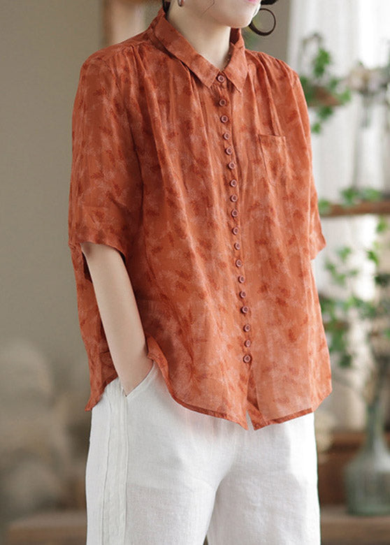 Orange Peter Pan Collar Button Linen Shirt Half Sleeve