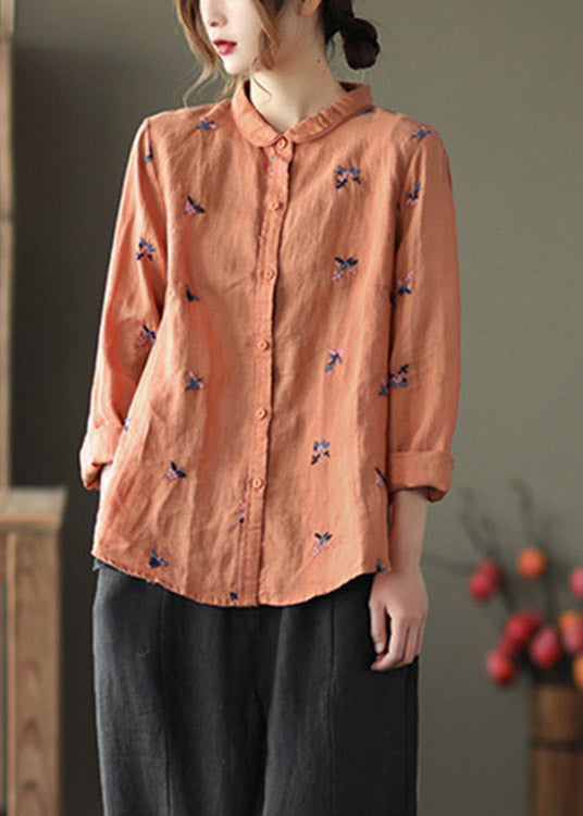 Orange Peter Pan Collar Button Linen Shirts Long Sleeve