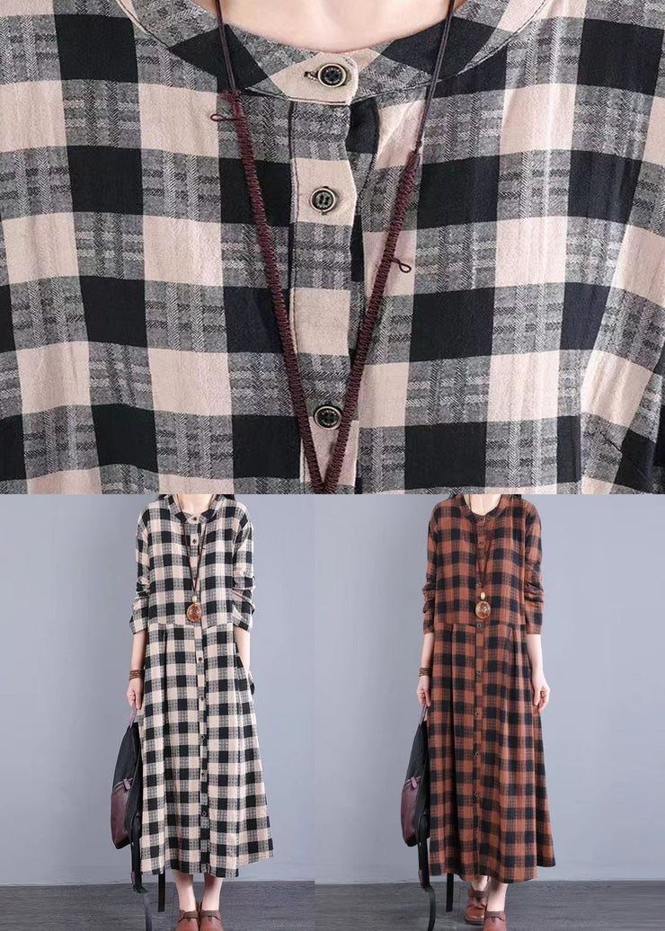 Orange Plaid Patchwork Cotton Dress Stand Collar Pockets Fall