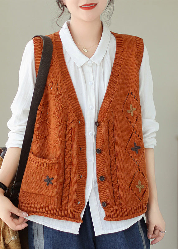 Orange Pockets Knit Vest V Neck Embroideried Fall