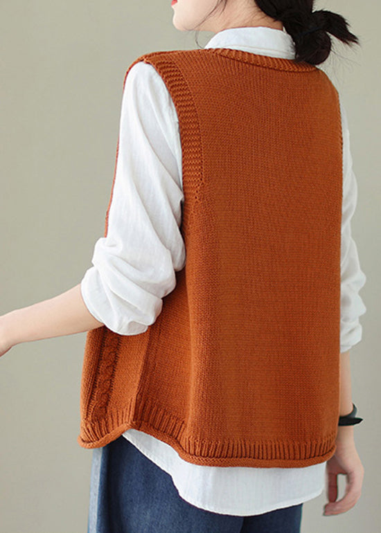 Orange Pockets Knit Vest V Neck Embroideried Fall