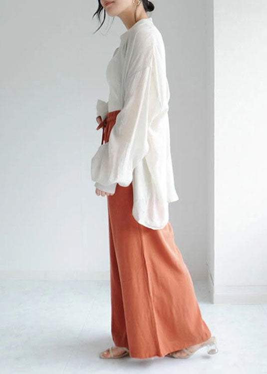 Orange Pockets Linen Crop Pants Wide Leg Spring