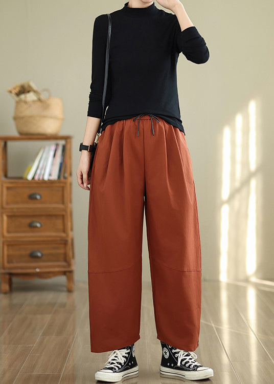 Orange Pockets Loose Cotton Pants Elastic Waist Fall