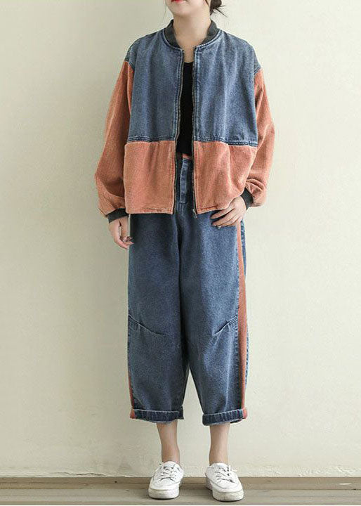 Orange Pockets Patchwork Corduroy Denim Jacket Zip Up Spring