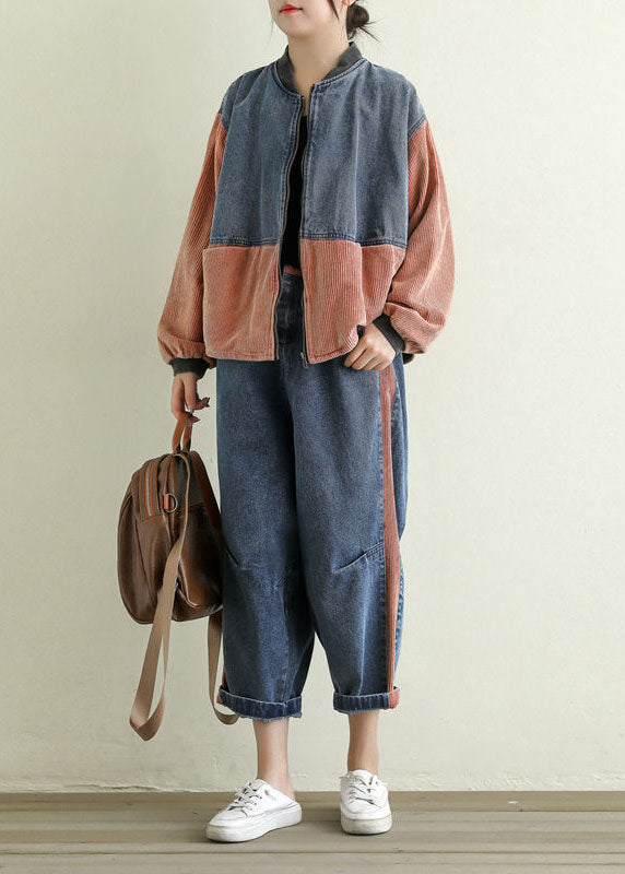 Orange Pockets Patchwork Corduroy Denim Jacket Zip Up Spring