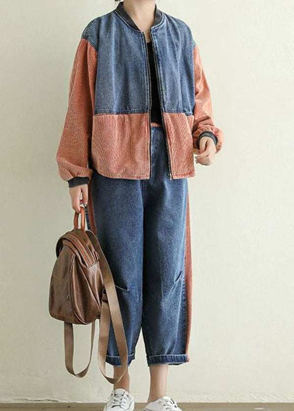 Orange Pockets Patchwork Corduroy Denim Jacket Zip Up Spring