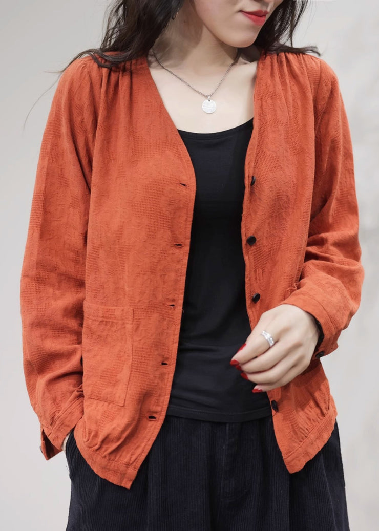 Orange Pockets Solid Cotton Coat Coats V Neck Fall