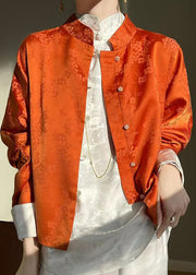 Orange Print Button Silk Shirts Stand Collar Long Sleeve