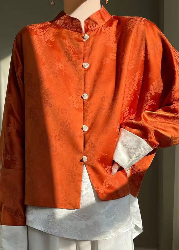 Orange Print Button Silk Shirts Stand Collar Long Sleeve