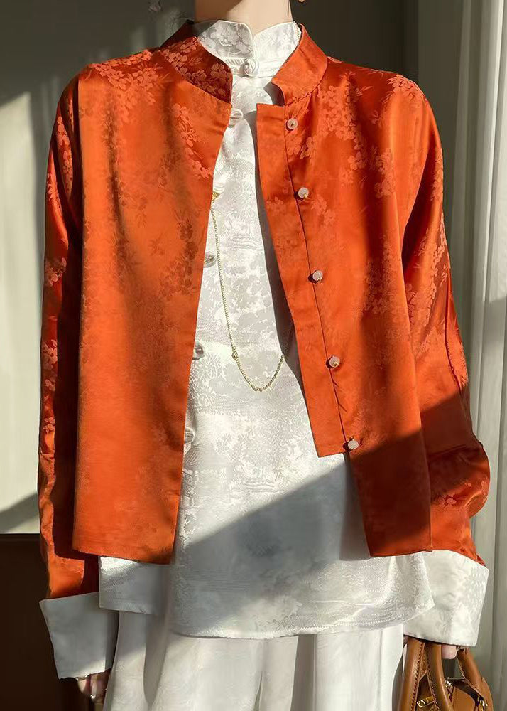 Orange Print Button Silk Shirts Stand Collar Long Sleeve