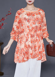 Orange Print Chiffon Blouse Tops Oversized Flare Sleeve