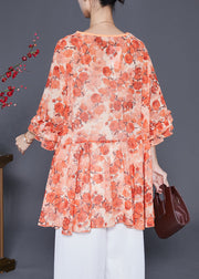 Orange Print Chiffon Blouse Tops Oversized Flare Sleeve