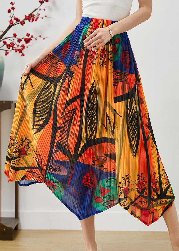 Orange Print Cotton Pleated Skirt Exra Large Hem Summer