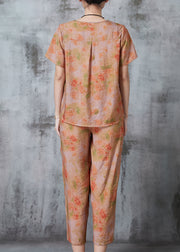 Orange Print Linen Women Sets 2 Pieces Oversized Summer