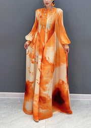 Orange Print Patchwork Chiffon Long Maxi Dress Puff Sleeve