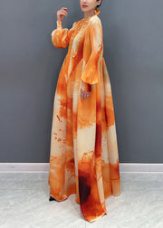 Orange Print Patchwork Chiffon Long Maxi Dress Puff Sleeve