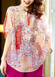 Orange Print Patchwork Chiffon Top O Neck Half Sleeve