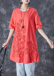 Orange Red Linen Mid Dresses Embroidered Summer