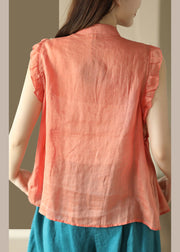 Orange Ruffled Button Ramie Shirt Summer