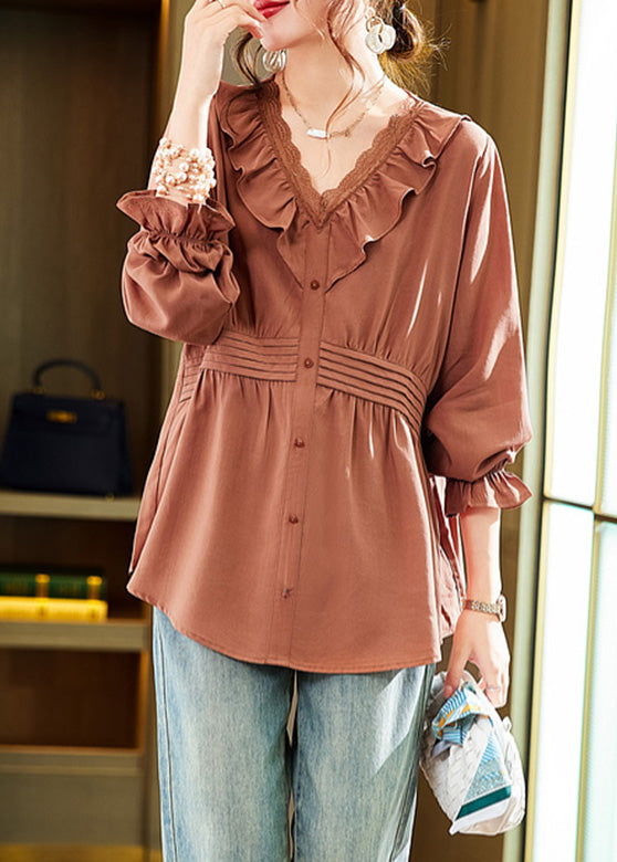 Orange Ruffled Patchwork Wrinkled Shirts Spring