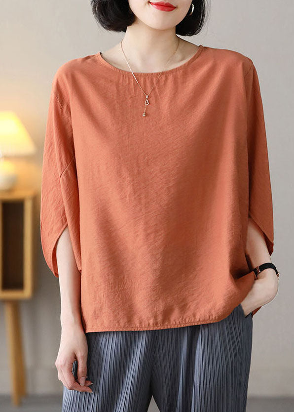 Orange Solid Linen Loose Tank Top O-Neck Batwing Sleeve