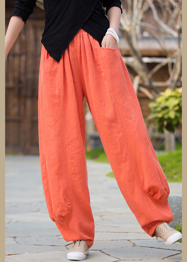 Orange Solid Pockets Linen Pants High Waist