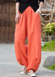 Orange Solid Pockets Linen Pants High Waist