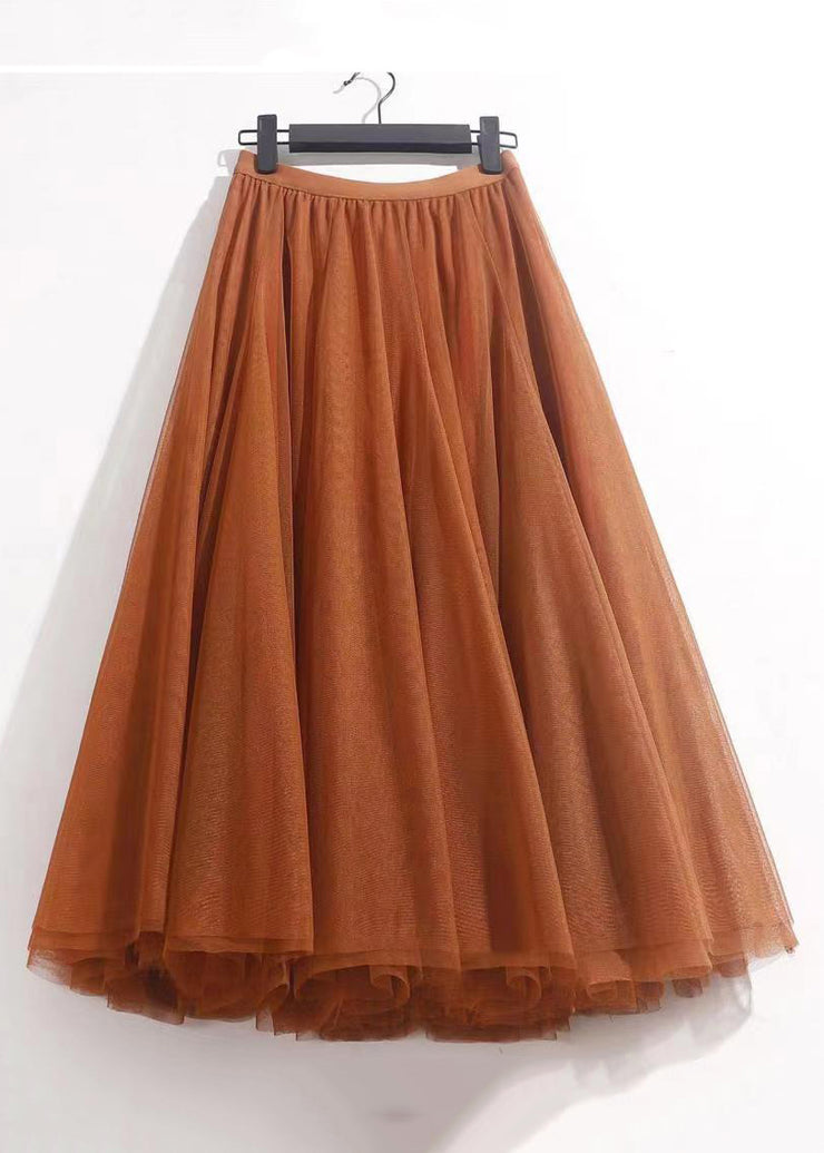 Orange Solid Wrinkled Tulle Summer Skirts High Waist