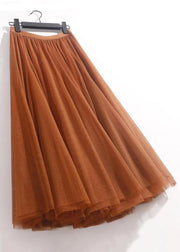 Orange Solid Wrinkled Tulle Summer Skirts High Waist