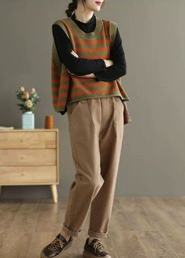 Orange Striped Knit Vest O-Neck Oversized Spring