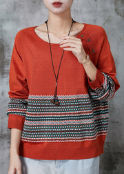 Orange Striped Knitted Tops O-Neck Oversized Spring