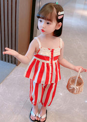 Orange Striped Slash Neck Patchwork Cotton Kids Two Pieces Set Sleeveless