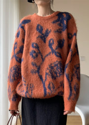 Orange Thick Cotton Knit Pullover Sweaters O Neck Spring