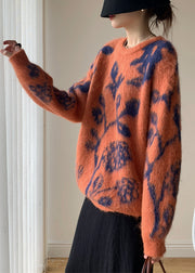 Orange Thick Cotton Knit Pullover Sweaters O Neck Spring