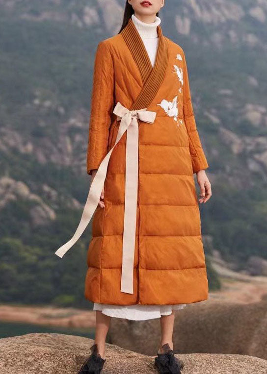 Orange Thick Duck Down Puffers Coat Embroideried V Neck Winter