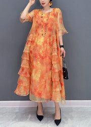 Orange Tie Dye Patchwork Chiffon Dresses O Neck Ruffled Summer