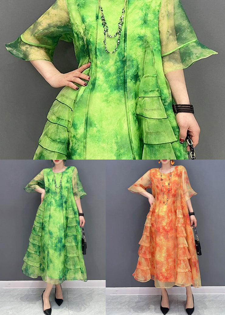 Orange Tie Dye Patchwork Chiffon Dresses O Neck Ruffled Summer