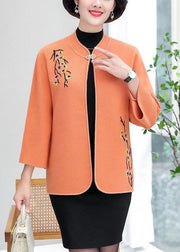 Orange Woolen Cardigans Embroideried Stand Collar Winter