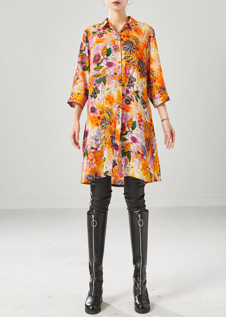 Orange Yellow Floral Chiffon Long Shirt Oversized Bracelet Sleeve