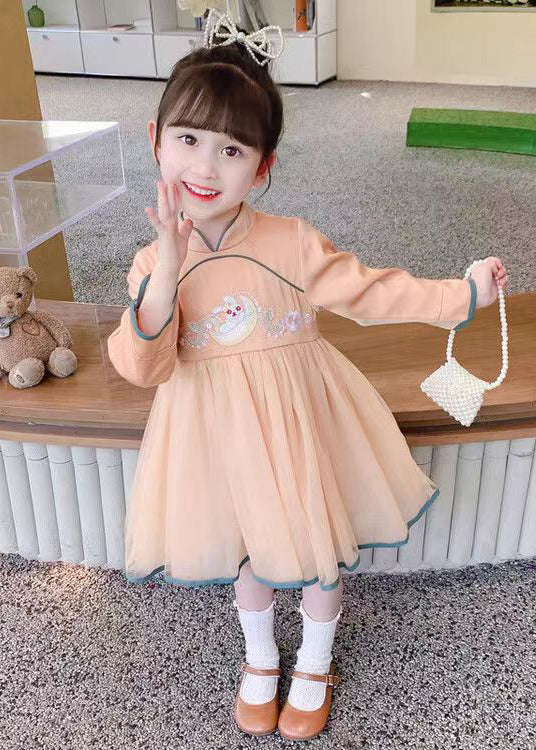 Orange Zippered Tulle Patchwork Cotton Girls Dress Stand Collar Fall