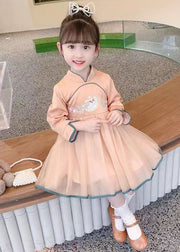 Orange Zippered Tulle Patchwork Cotton Girls Dress Stand Collar Fall