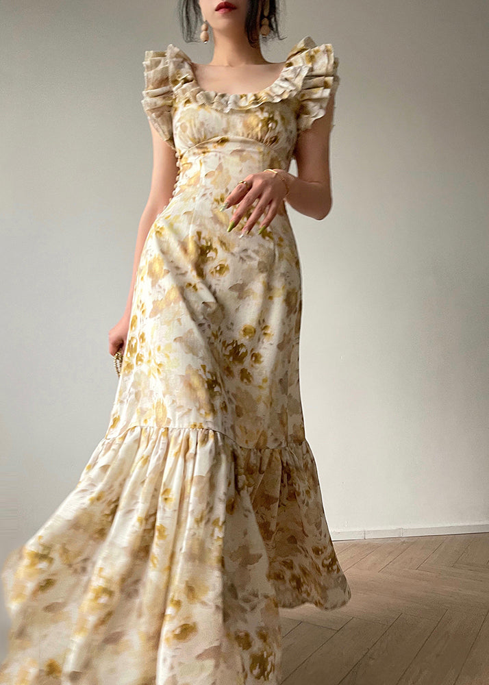 Organic Apricot Ruffles Print Silk Long Dresses Summer