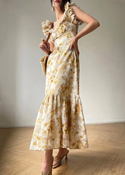 Organic Apricot Ruffles Print Silk Long Dresses Summer