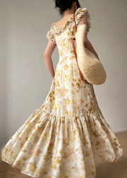 Organic Apricot Ruffles Print Silk Long Dresses Summer