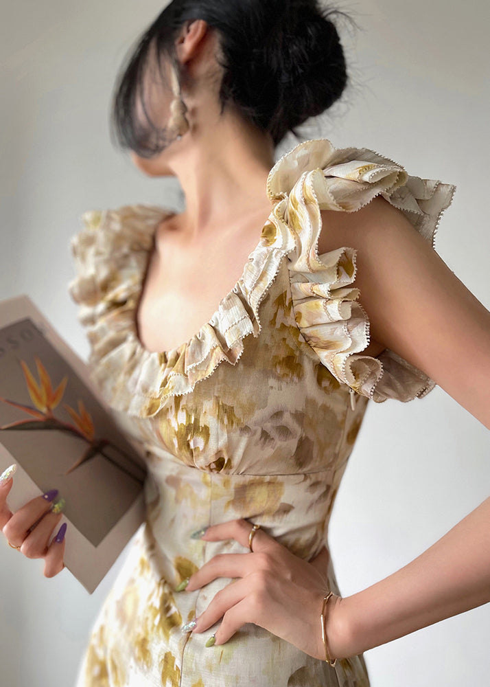 Organic Apricot Ruffles Print Silk Long Dresses Summer