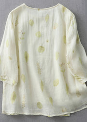 Organic Beige Embroideried Patchwork Linen T Shirt Top Summer