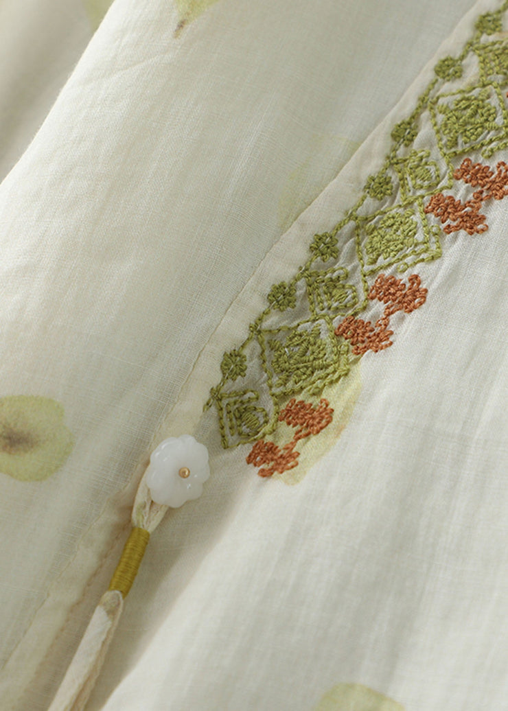 Organic Beige Embroideried Patchwork Linen T Shirt Top Summer