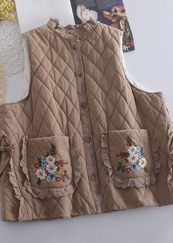 Organic Beige Embroidered Ruffled Patchwork Tie Waist Waistcoat Winter