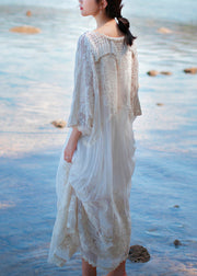 Organic Beige O-Neck Embroideried Floral Lace Tassel Silk Long Dress Long Sleeve